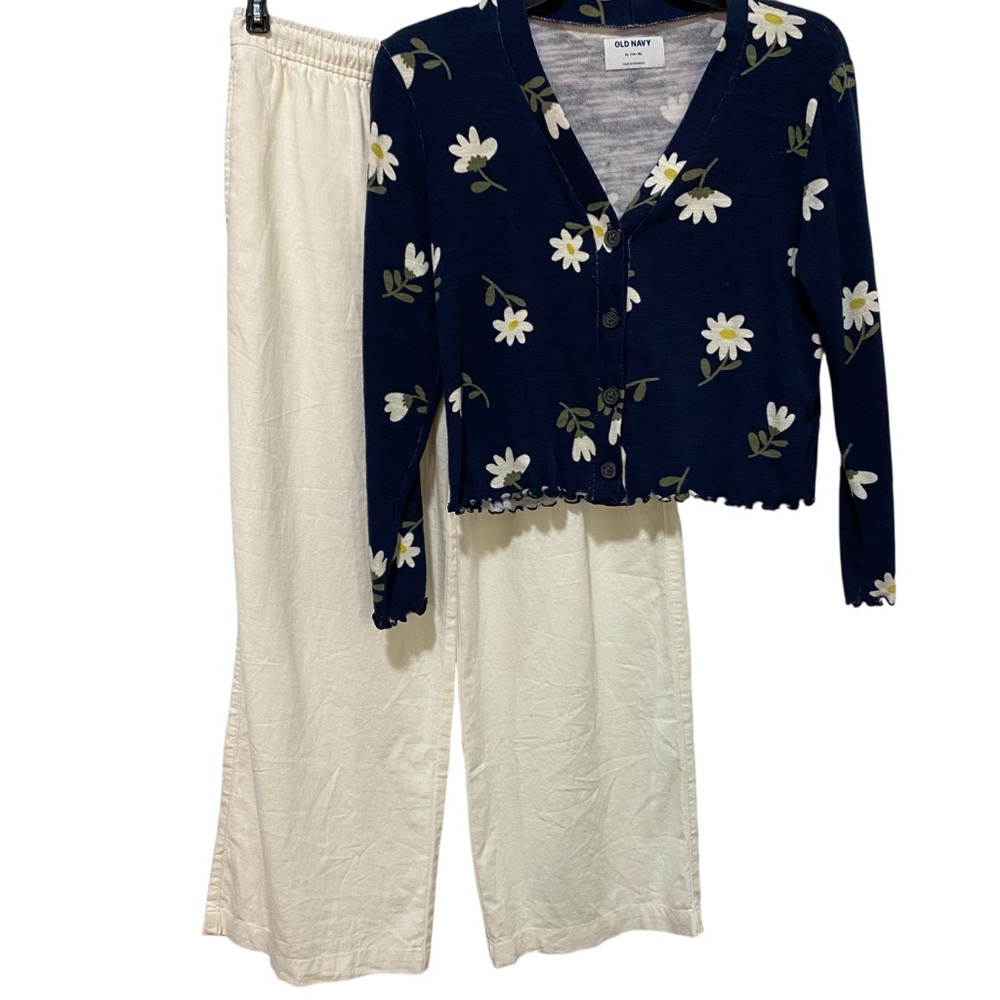 Old Navy Navy Floral Cardigan and Cream Pants Matching Set